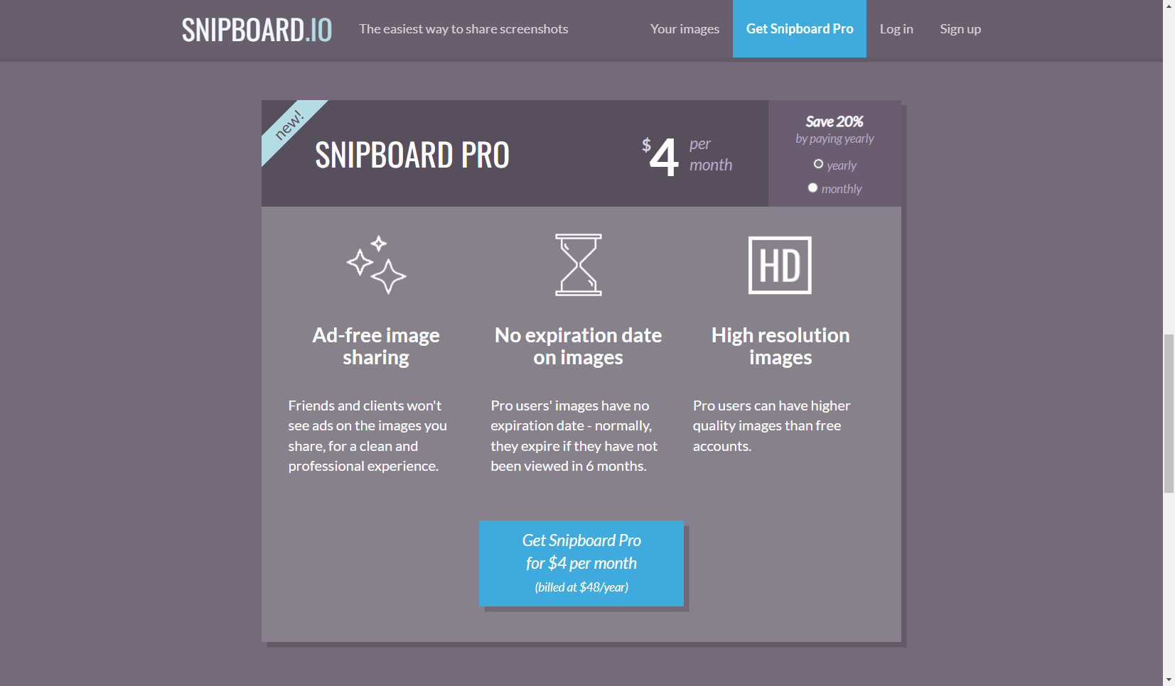 Snipboard Pro 每月 $4 美元提供無廣告、無儲存時間限制以及高解析度圖片的功能