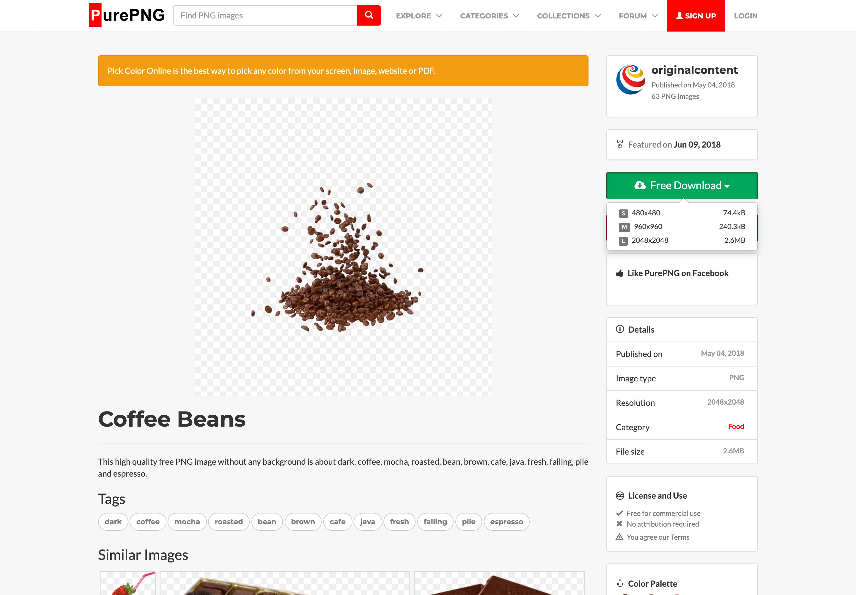 PurePNG 免費 PNG 素材,選對尺寸再下載 2 PurePNG 咖啡豆素材頁,Free Download 展開三種尺寸,右側列素材資訊與站方用途標示