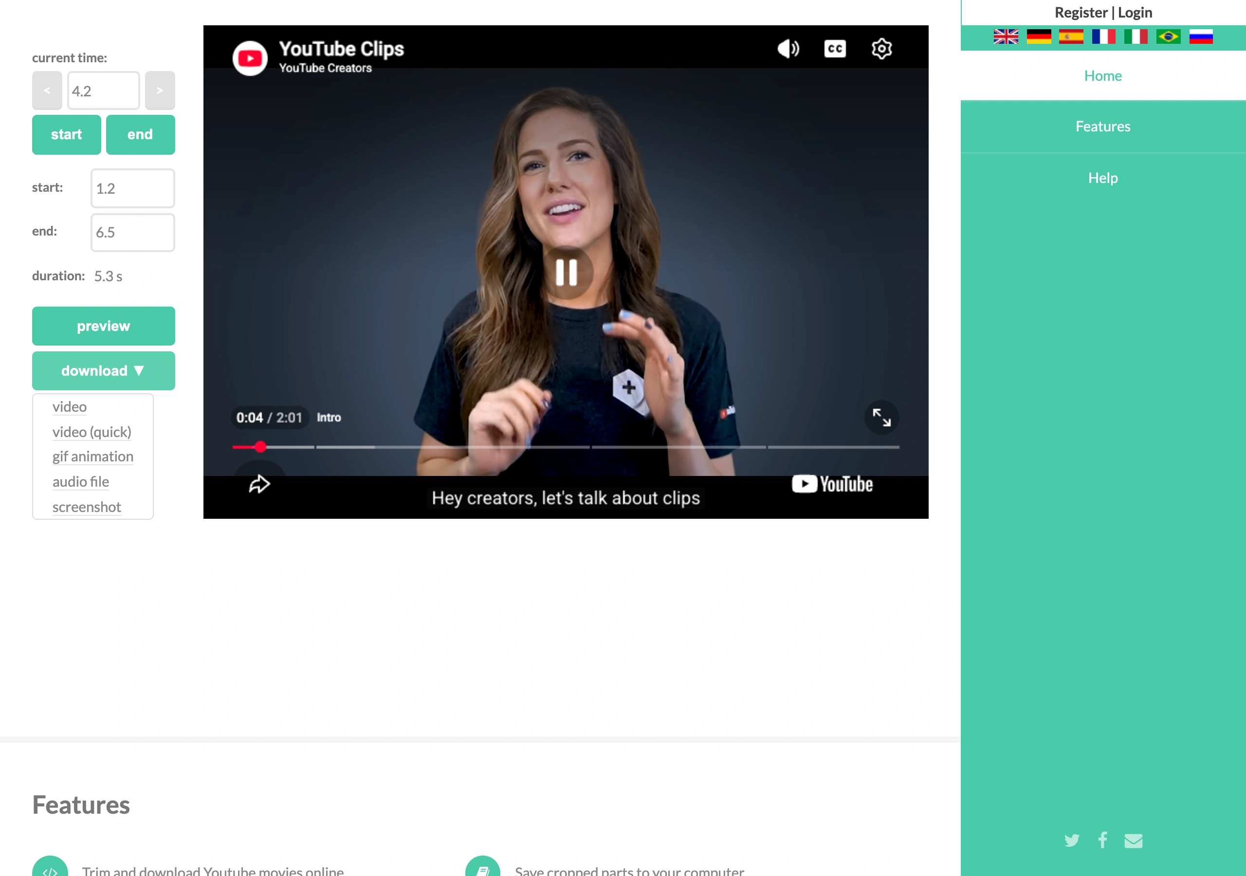 YT Cutter 設定 start 1.2 秒、end 6.5 秒，顯示 5.3 秒與五個輸出選項