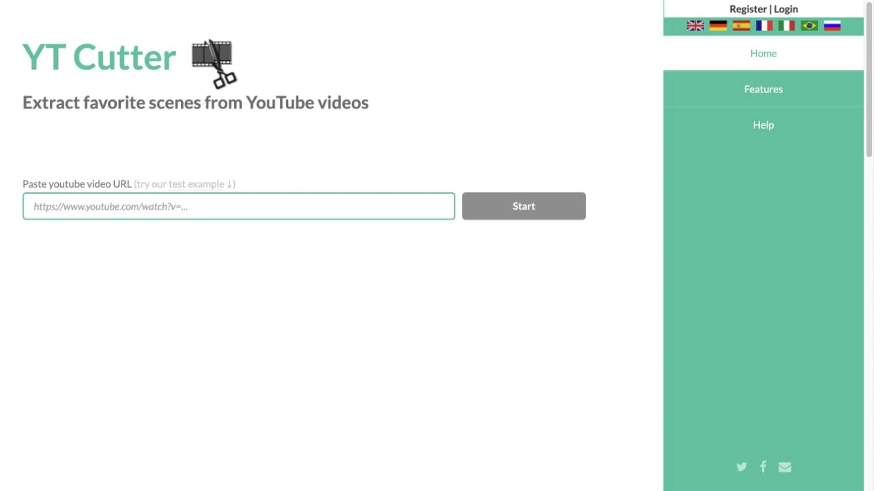 YT Cutter 首頁有 YouTube 網址輸入欄和 Start 按鈕