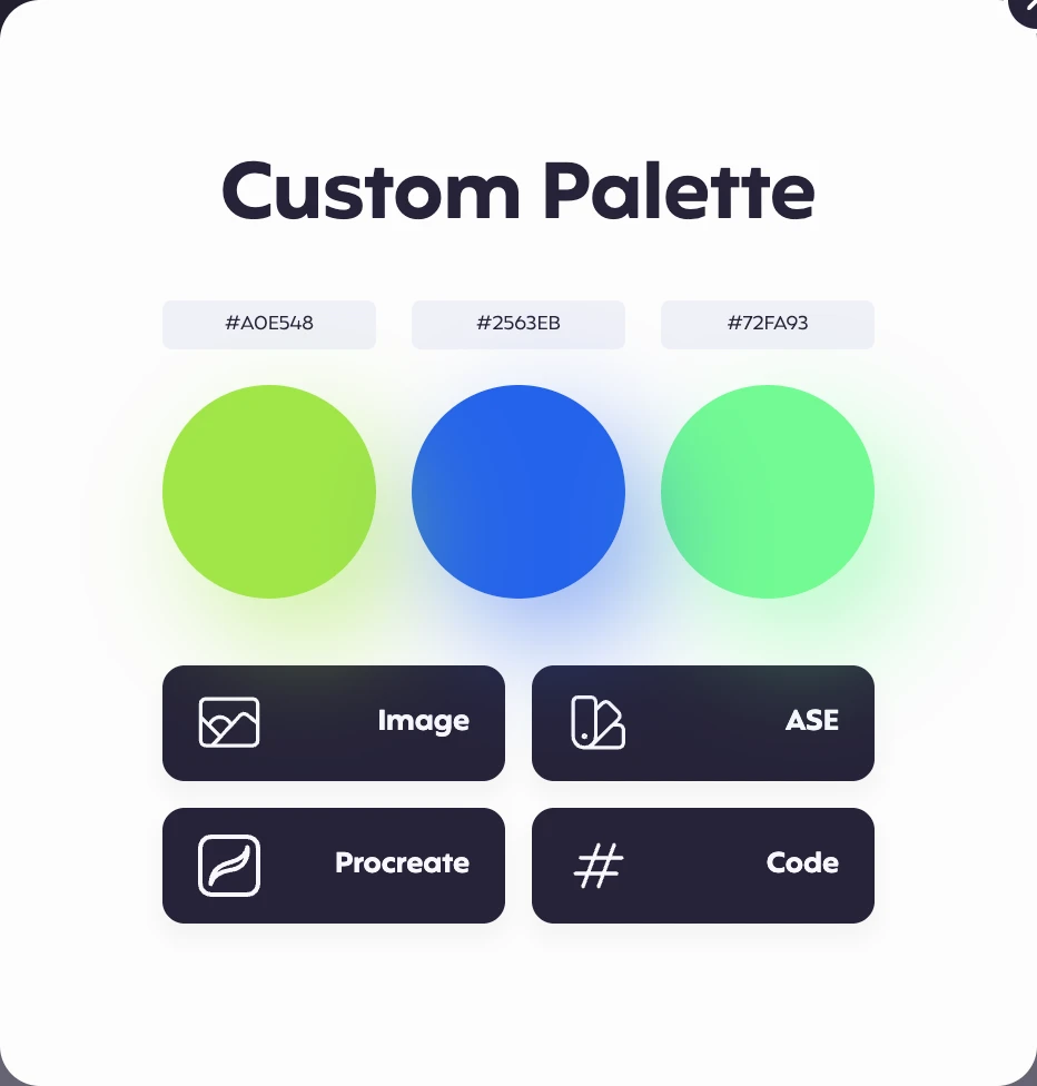 PaletteMaker 配色教學,把色票套進設計預覽 3 PaletteMaker Custom Palette 匯出視窗,列出三個色碼及 Image、ASE、Procreate、Code 四個選項
