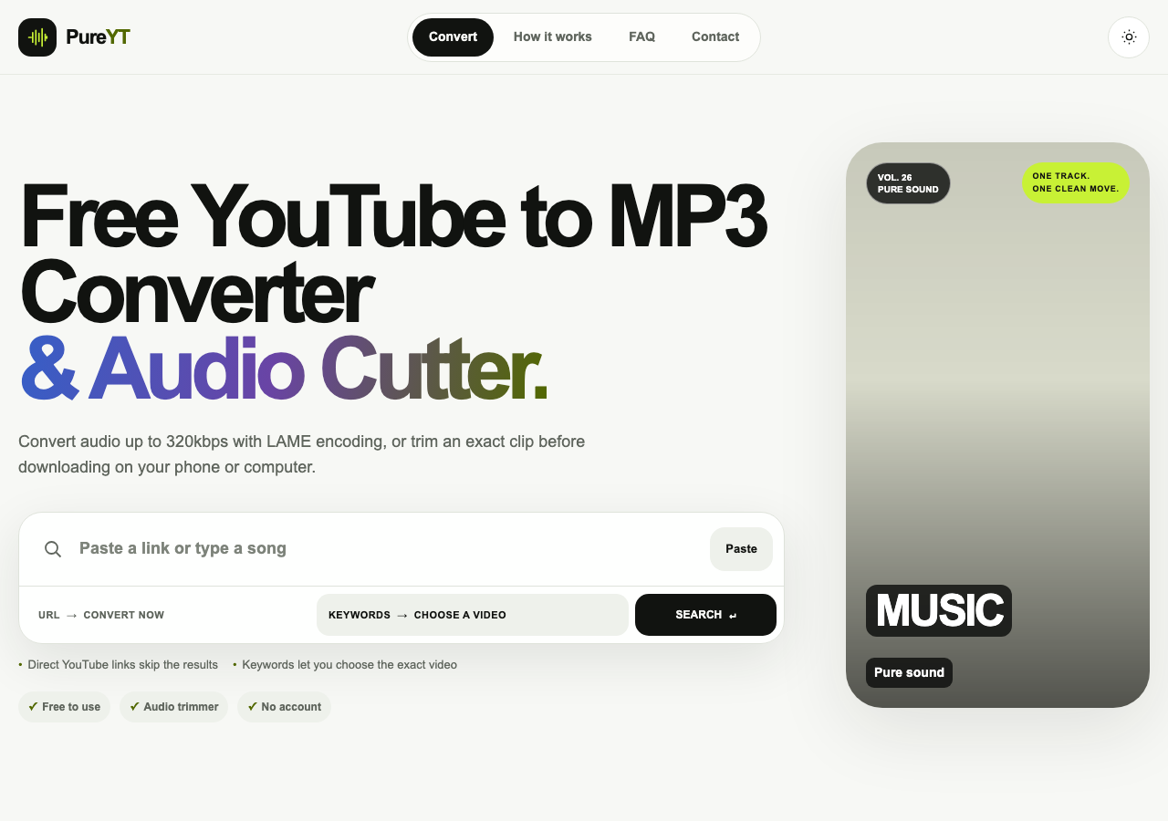 PureYT首頁的YouTube網址或歌曲搜尋輸入框，以及MP3轉換與音訊裁切說明