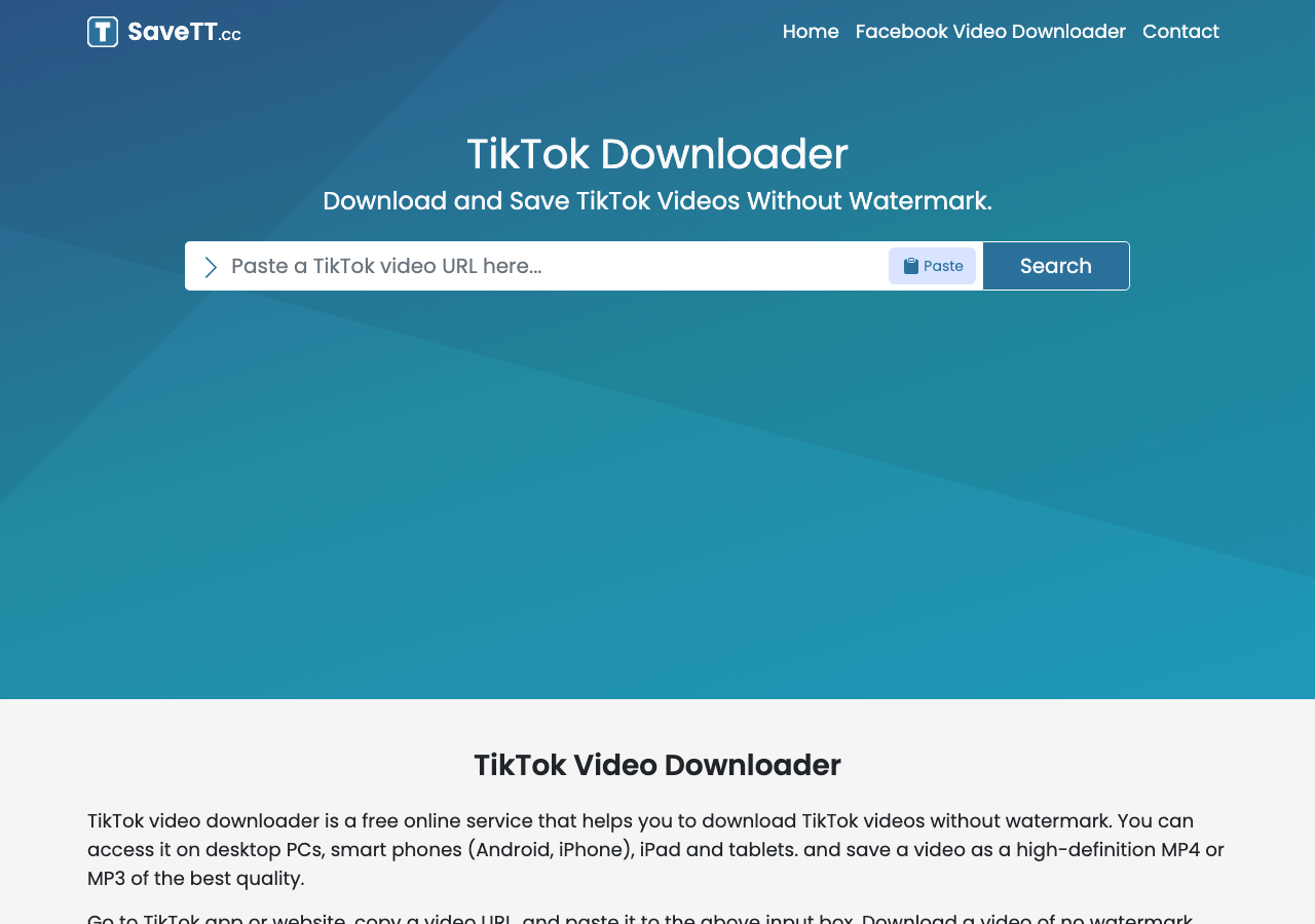 SaveTT TikTok 下載工具:格式、無浮水印與隱私限制 2 SaveTT首頁的TikTok影片網址輸入框與Search按鈕