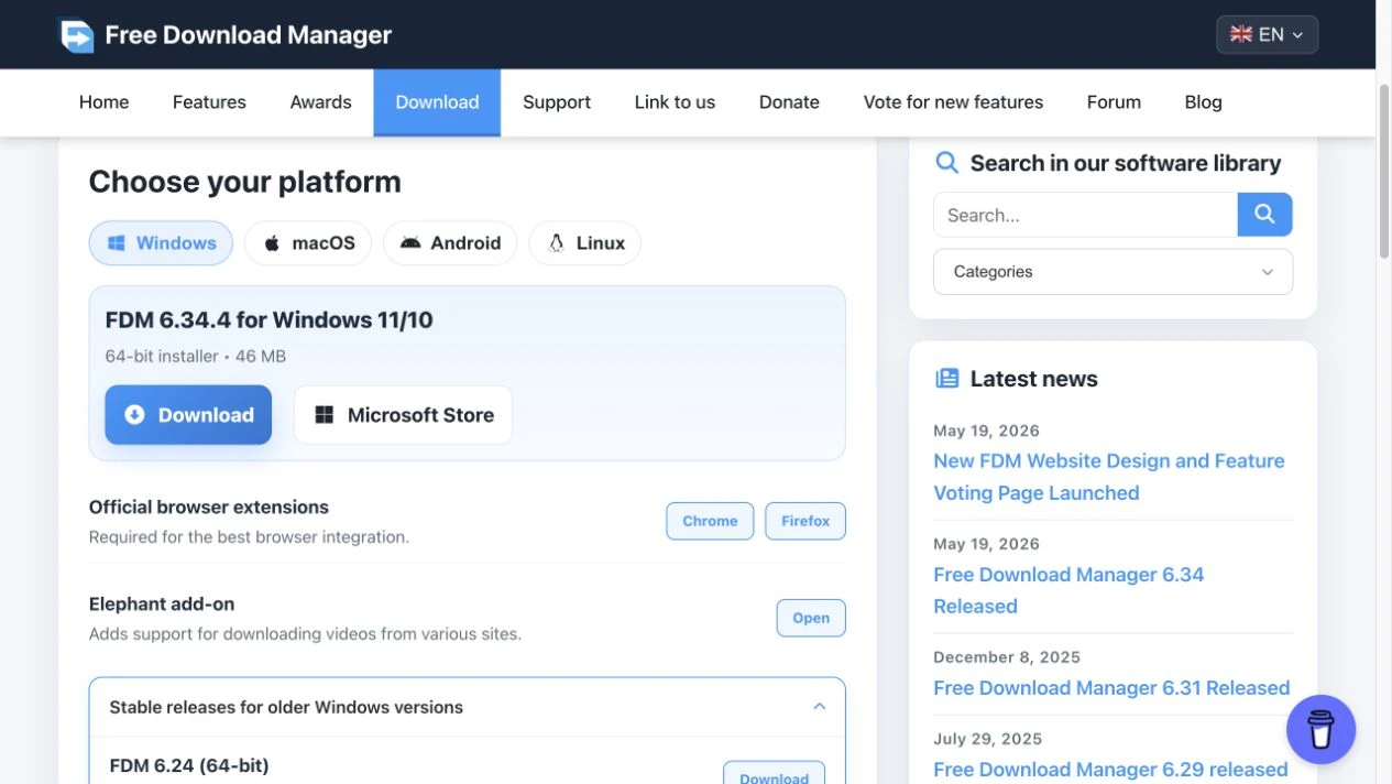 FDM 官方下載頁的 Windows 分頁，顯示 6.34.4、Chrome 與 Firefox 擴充功能，以及舊版 Windows 下載區