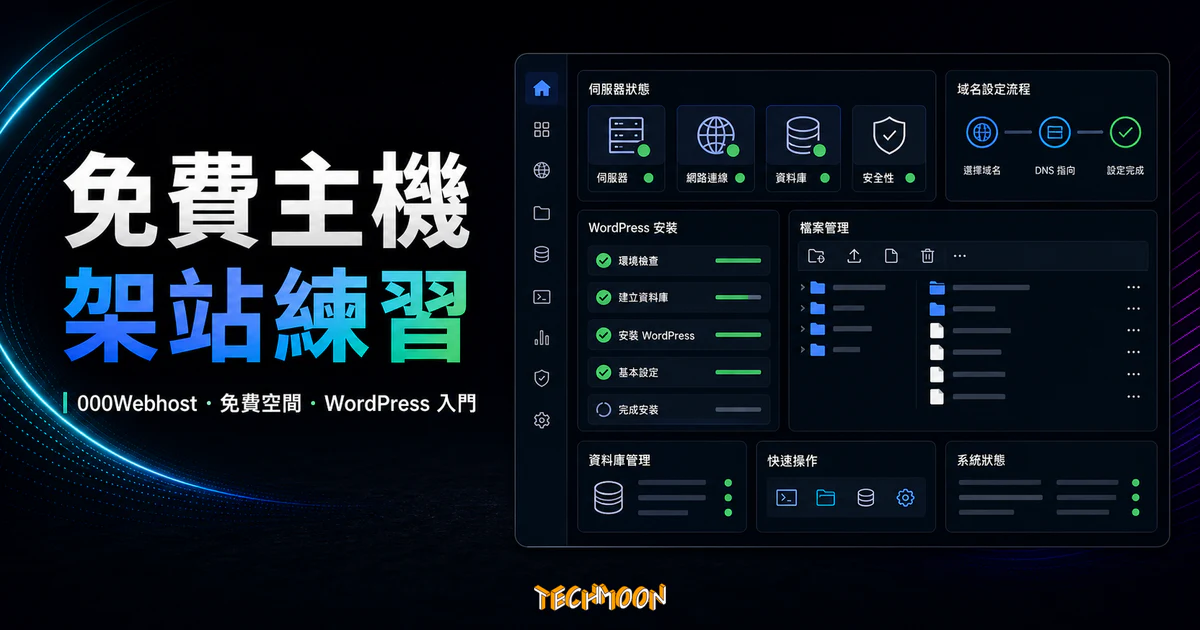 000Webhost 免費主機架站練習的 TechMoon 精選圖片，呈現免費空間、WordPress 入門與主機控制面板。