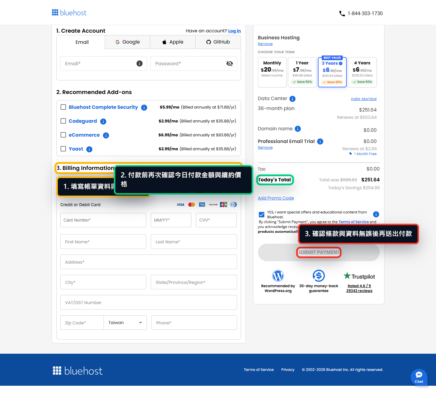 Bluehost Checkout 付款資訊頁面，標註帳單資料、今日總額與 Submit Payment 按鈕