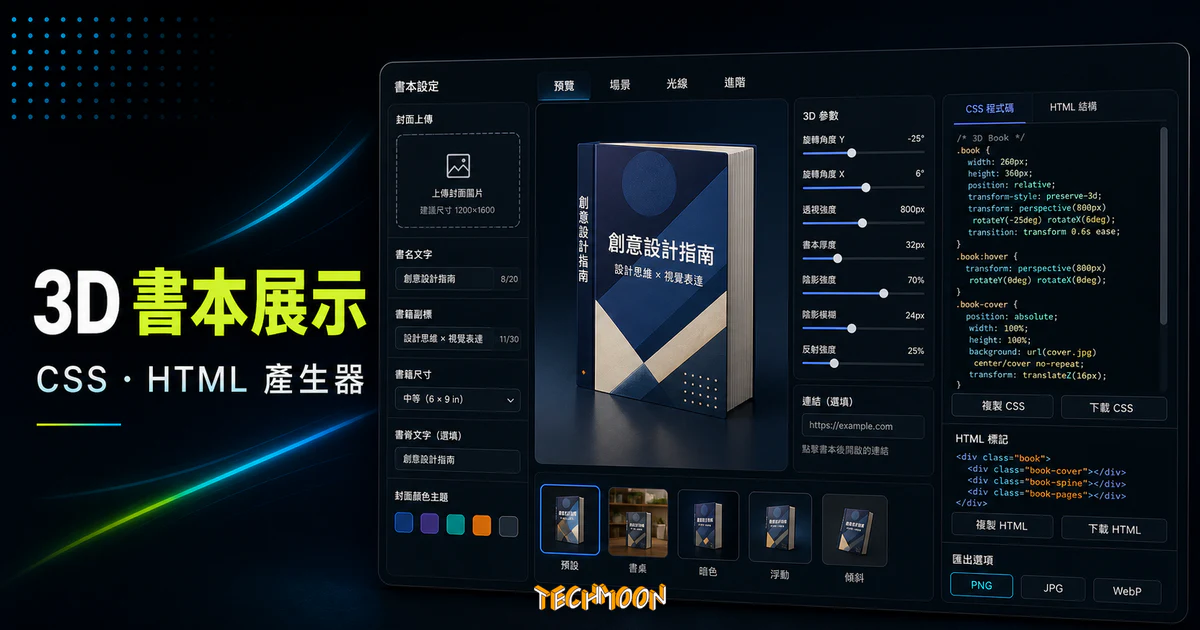3D Book Image CSS Generator - 免費線上建立 3D 書本展示效果，可設定圖片與連結並產生 CSS 與 HTML 程式碼的 TechMoon 精選圖片，呈現Book Image相關介面、重點標題與科技感背景。