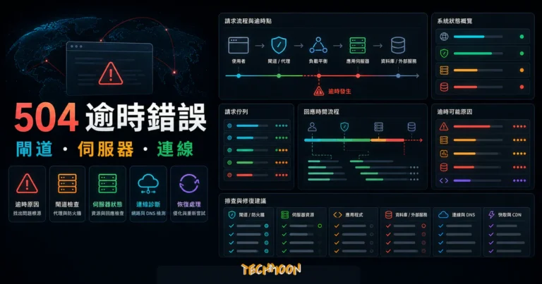 WordPress 504 Gateway Timeout:依日誌排查根因 1 WordPress 504 Gateway Timeout Error 修復教學的 TechMoon 精選圖片,呈現逾時錯誤預覽、DNS、網站防火牆、資料庫清理、停用外掛與主機支援。