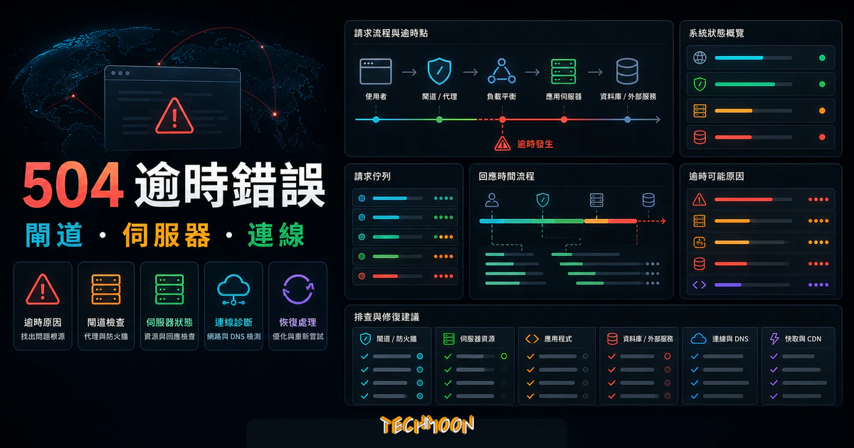 WordPress 504 Gateway Timeout Error 修復教學的 TechMoon 精選圖片，呈現逾時錯誤預覽、DNS、網站防火牆、資料庫清理、停用外掛與主機支援。