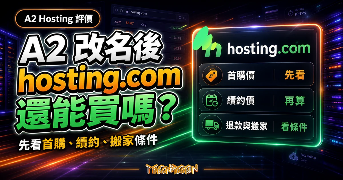 A2 Hosting 改名 hosting.com 評價精選圖片，提醒讀者購買前比較首購、續約與搬家條件
