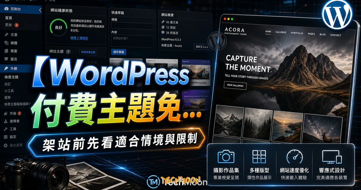 【WordPress 付費主題免費下載】Acora - Photography WordPress Theme的 TechMoon 精選圖片，呈現Wordpress相關介面、重點標題與科技感背景。