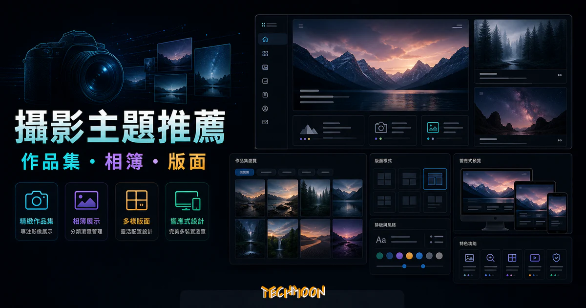 【WordPress 付費主題免費下載】Acora - Photography WordPress Theme的 TechMoon 精選圖片，呈現Wordpress相關介面、重點標題與科技感背景。