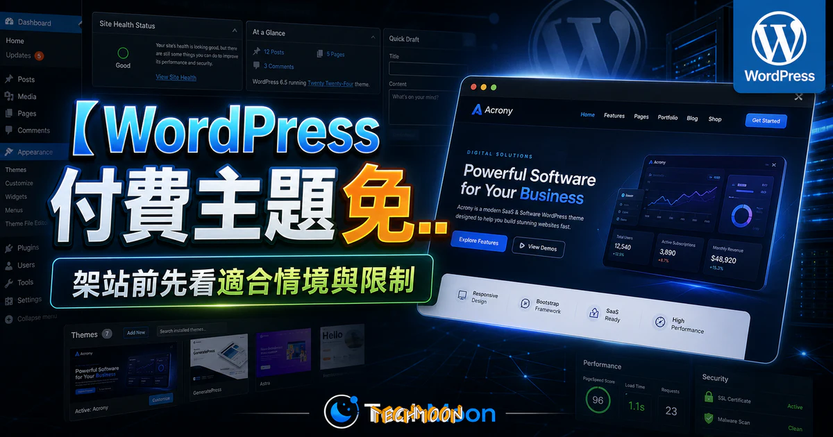 【WordPress 付費主題免費下載】Acrony Software and Saas Theme的 TechMoon 精選圖片，呈現Wordpress相關介面、重點標題與科技感背景。