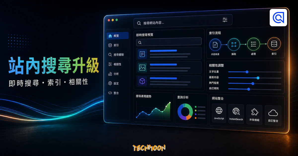 Algolia - 替代 Google Custom Search Engine 與網站內建搜尋功能的新選擇的 TechMoon 精選圖片，呈現WordPress相關介面、重點標題與科技感背景。