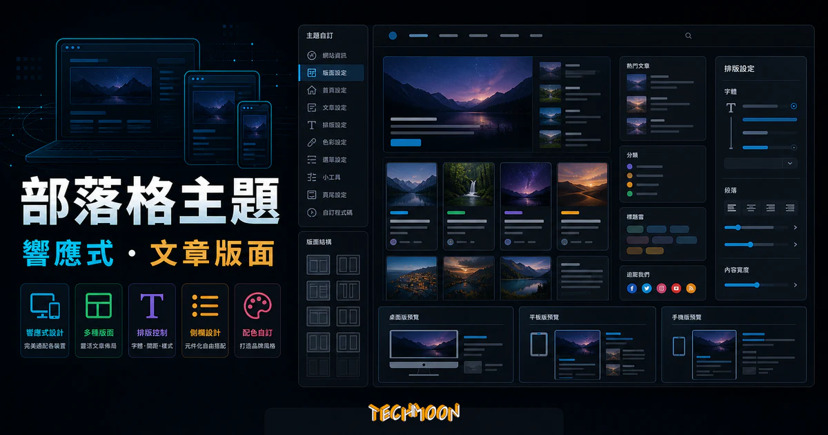 【WordPress 付費主題免費下載】Alphabet - A Responsive WordPress Blog Theme的 TechMoon 精選圖片，呈現Wordpress相關介面、重點標題與科技感背景。