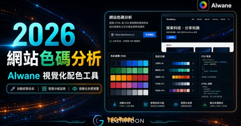 Alwane 免費網站配色分析工具完整教學 – 一鍵抓取任何網站的 HTML/CSS/JS 色碼並自動分組 3 Alwane 免費網站色碼分析工具,透過 HTML 與 CSS 抓取網站使用色系,並以視覺化方式分組呈現所有顏色的 TechMoon 精選圖片,呈現Alwane相關介面、重點標題與科技感背景。