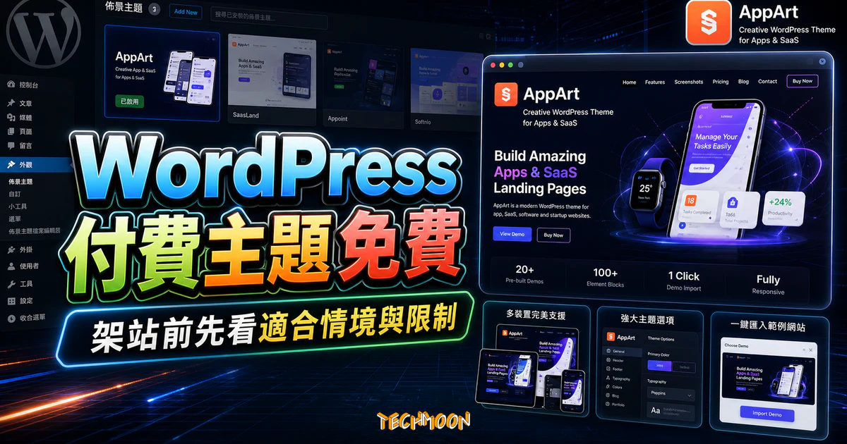 【WordPress 付費主題免費下載】AppArt - Creative WordPress Theme For Apps Saas的 TechMoon 精選圖片，呈現Wordpress相關介面、重點標題與科技感背景。
