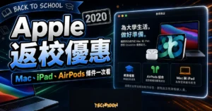 Apple Back To School 2020 的 TechMoon 精選圖片，呈現 Mac、iPad、AirPods 與教育優惠條件整理。