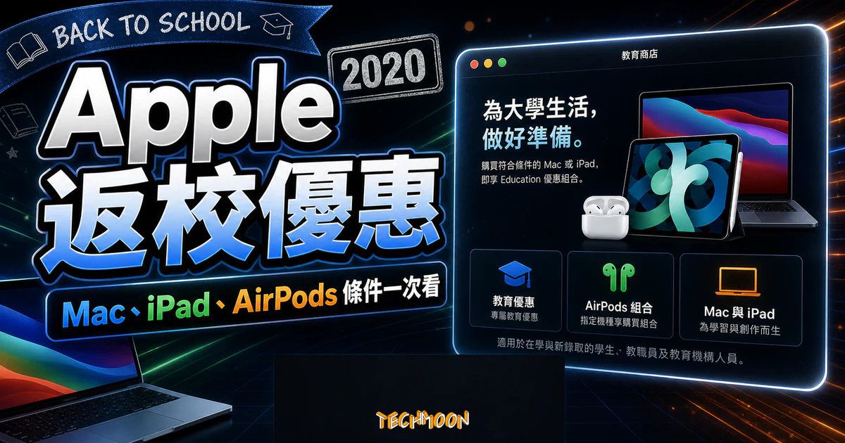 Apple Back To School 2020 的 TechMoon 精選圖片，呈現 Mac、iPad、AirPods 與教育優惠條件整理。