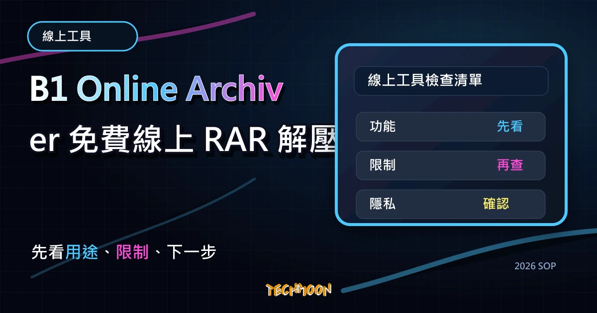 B1 Online Archiver 免費線上 RAR 解壓縮軟體推薦,支援 7Z、ISO、RAR、ZIP 壓縮格式詳細介紹與操作教學,TechMoon 2026 新版 SOP 精選圖片