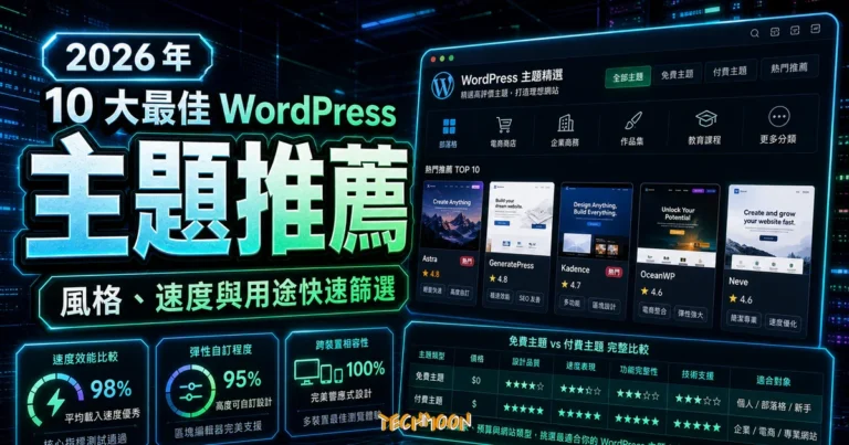 2026 年 10 大最佳 WordPress 佈景主題推薦（免費＋付費完整比較）的 TechMoon 精選圖片，呈現主題推薦、主題介面與重點資訊。