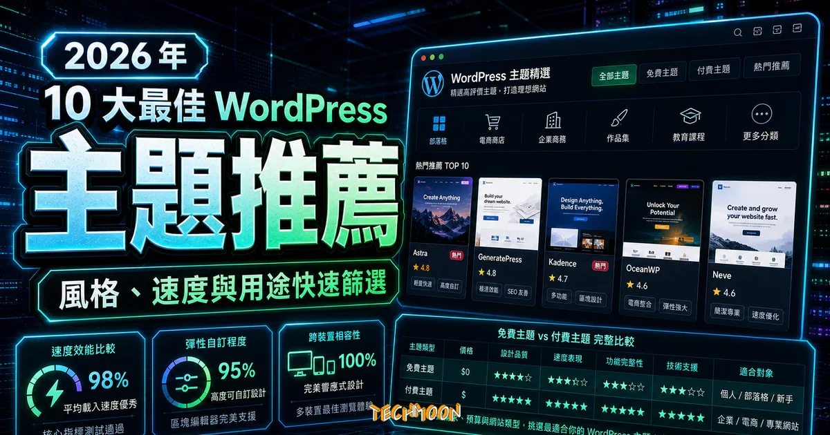 2026 年 10 大最佳 WordPress 佈景主題推薦（免費＋付費完整比較）的 TechMoon 精選圖片，呈現主題推薦、主題介面與重點資訊。