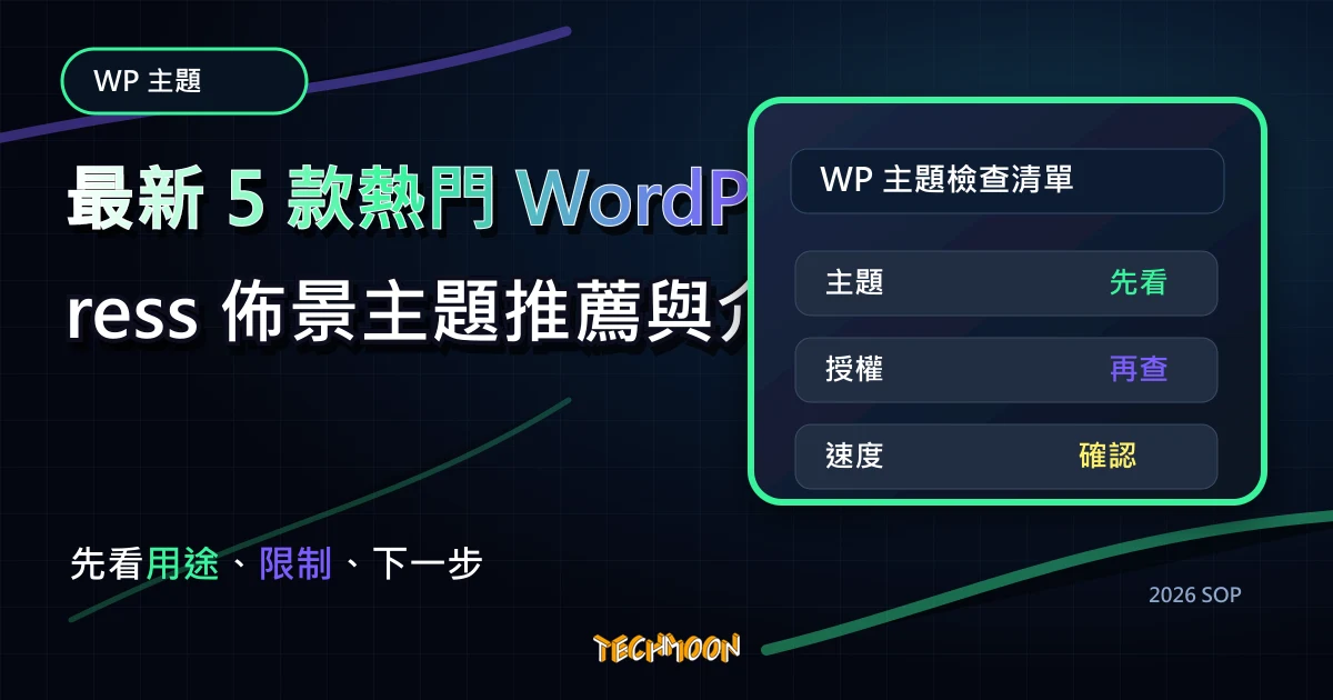 2023 最新 5 款熱門 WordPress 佈景主題推薦與介紹，TechMoon 2026 新版 SOP 精選圖片