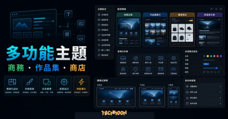 Blade WordPress Theme 完整評價:多功能響應式佈景主題深度教學與免費下載指南 2 【WordPress 付費主題免費下載】Blade - Responsive Multi-Functional WordPress Theme的 TechMoon 精選圖片,呈現Wordpress相關介面、重點標題與科技感背景。