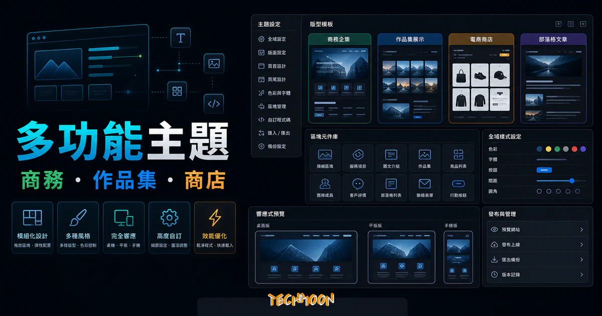 【WordPress 付費主題免費下載】Blade - Responsive Multi-Functional WordPress Theme的 TechMoon 精選圖片，呈現Wordpress相關介面、重點標題與科技感背景。