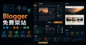 3 分鐘快速利用 Blogger 平台免費建立 Blogspot 網站的 TechMoon 精選圖片，呈現Blogger 免費架站、Blogspot・開始寫作與科技感介面。