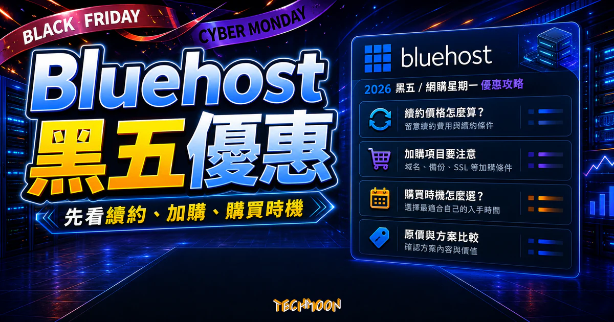 Bluehost 黑五優惠的 TechMoon 精選圖片,提醒讀者比較續約價格、加購項目、原價方案與購買時機。