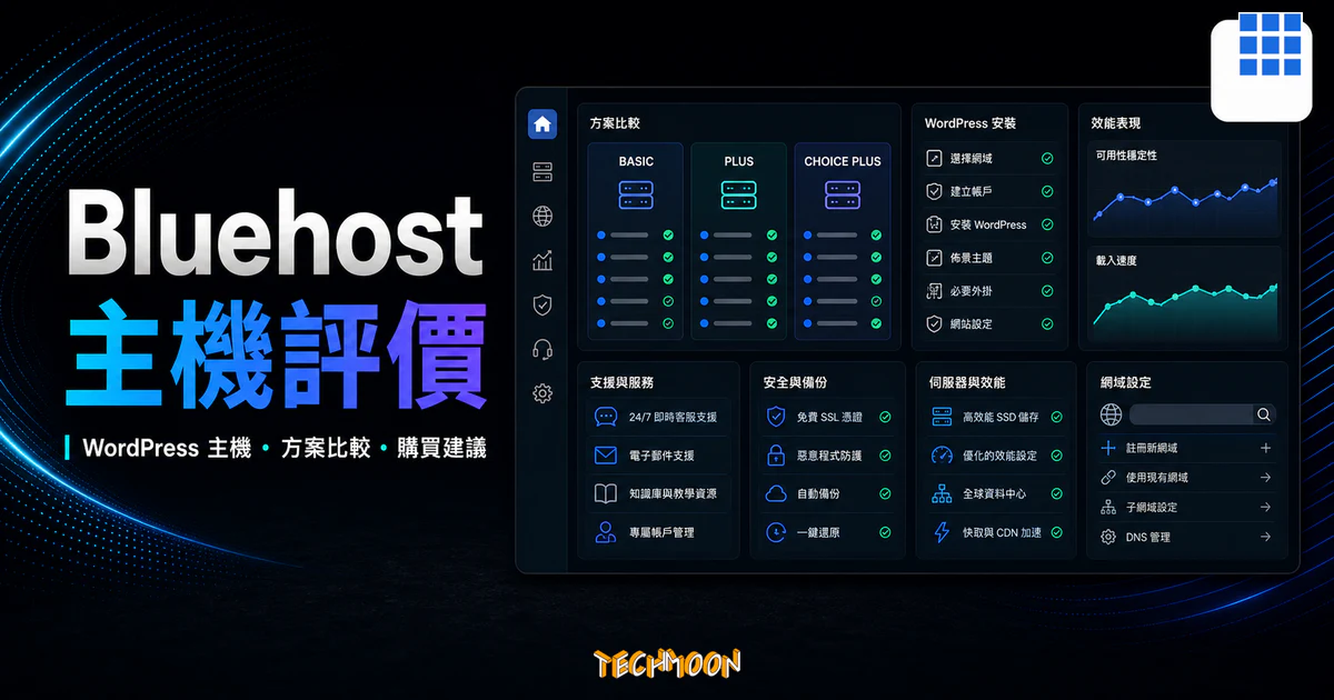 Bluehost 主機評價的 TechMoon 精選圖片，呈現 WordPress 主機方案比較、購買建議與主機評估儀表板。