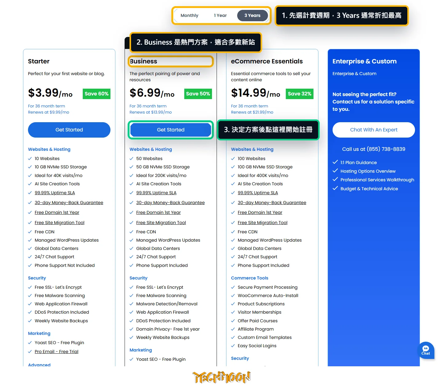 Bluehost 評價 2026:WordPress 官方推薦主機優缺點、方案比較與購買教學 3 Bluehost WordPress Hosting 方案比較表,顯示 Monthly、1 Year、3 Years 計費週期與各主機方案