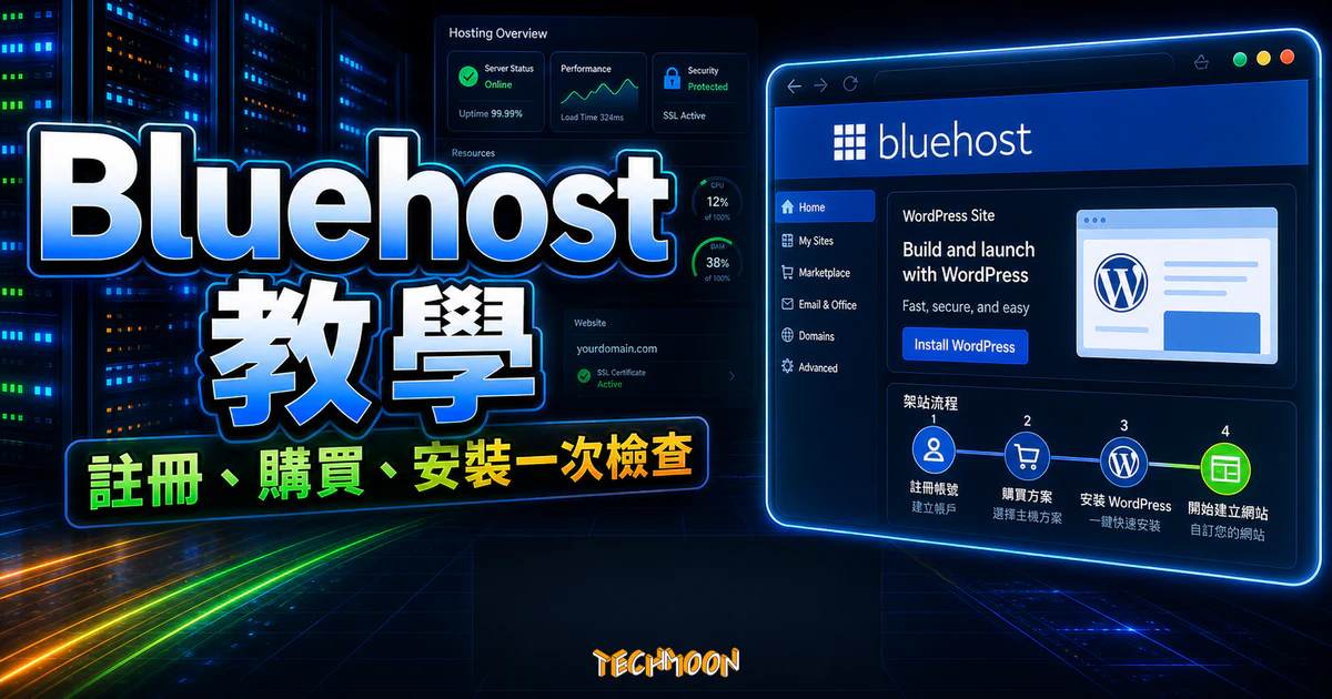 Bluehost WordPress 教學的 TechMoon 精選圖片，呈現主機註冊、購買方案與 WordPress 安裝檢查流程。
