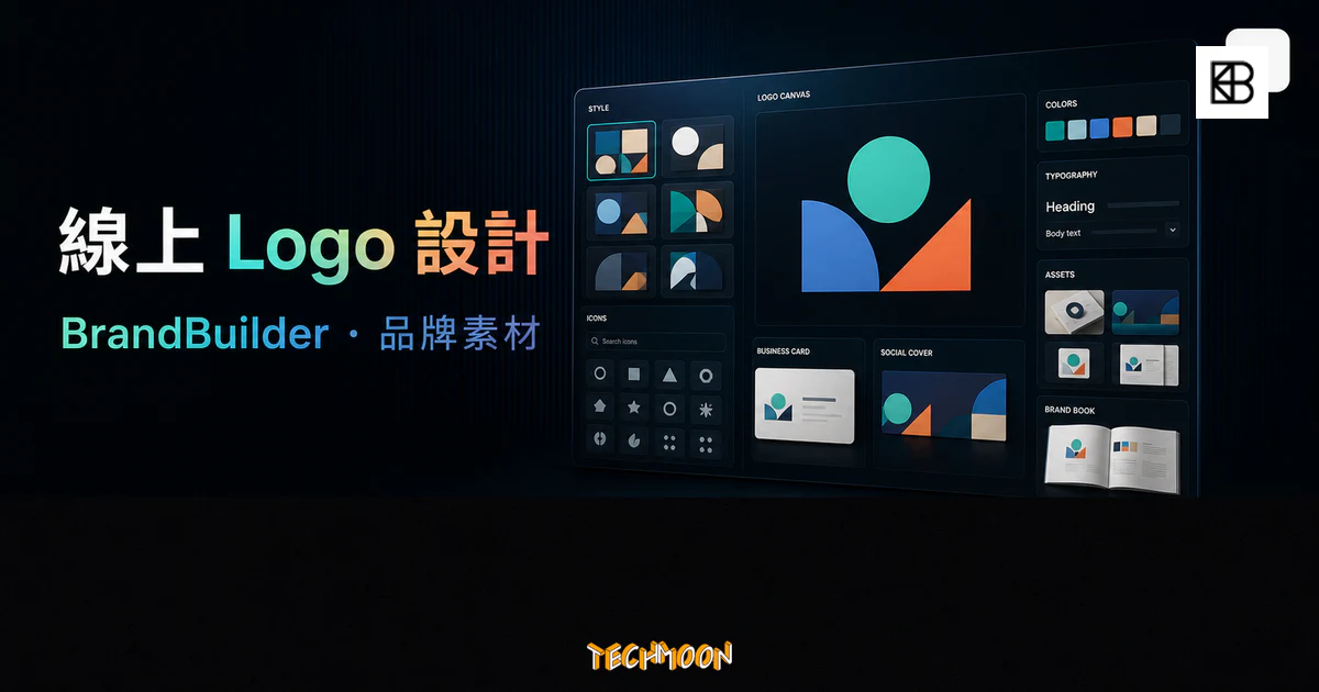 BrandBuilder 線上 Logo 設計工具的 TechMoon 精選圖片，呈現品牌風格選擇、Logo 畫布、色票、字體設定、名片與品牌手冊預覽。