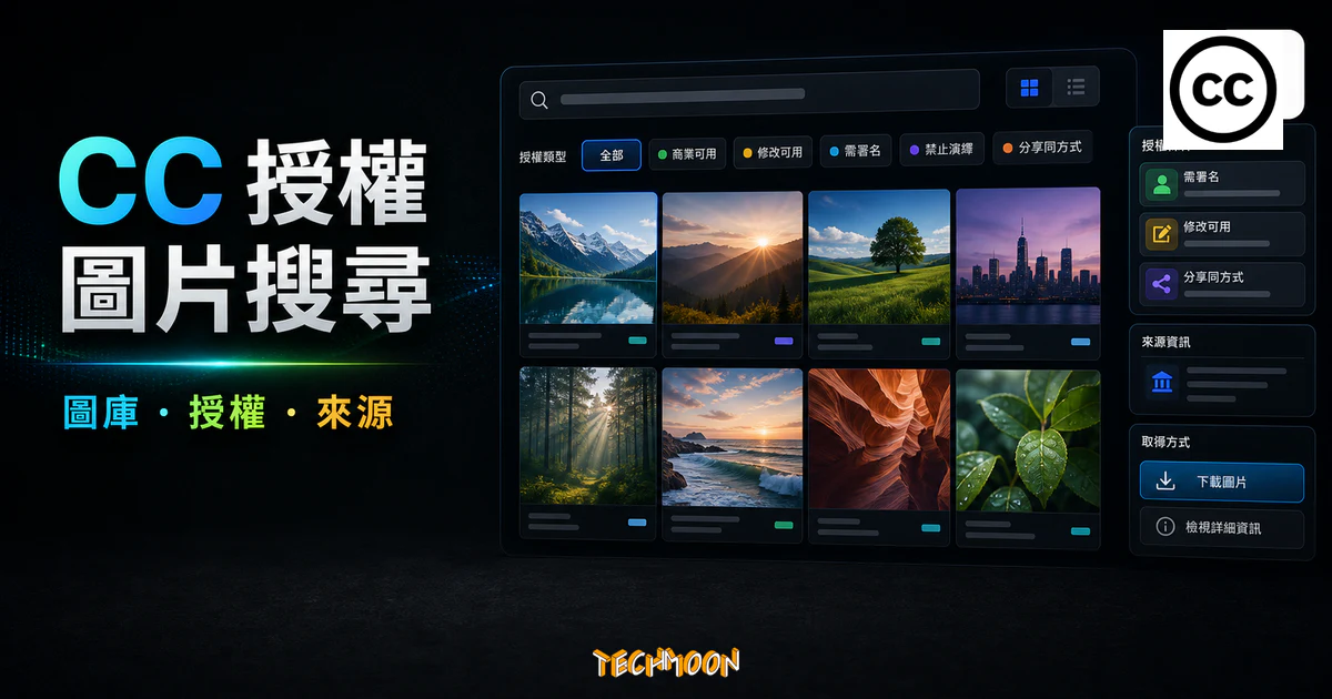 CC Search - 圖片創用 CC 搜尋引擎，全球最大免費圖庫搜尋引擎的 TechMoon 精選圖片，呈現CC Search 與 Creative Commons 授權圖片搜尋的重點介面與科技感背景。