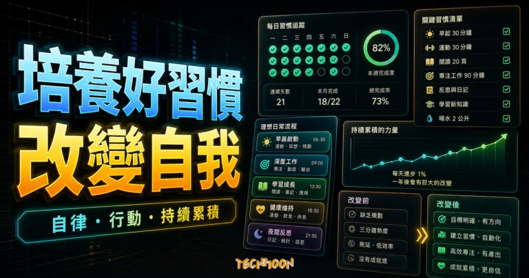 改變自我:10 個科學方法幫助你養成好習慣,從今天開始不同 6 改變自我與培養好習慣的 TechMoon 精選圖片,呈現自律、行動、習慣追蹤與持續累積。