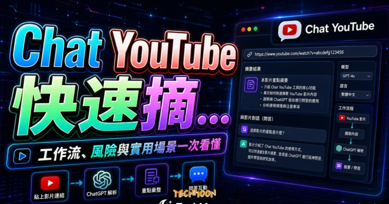 Chat YouTube 是什麼?用 AI 一鍵摘要 YouTube 影片重點、支援多語言問答與免費線上工具完整教學 1 Chat YouTube 快速摘要 YouTube 影片內容!將影片結合 ChatGPT 進行彙整與問答的 TechMoon 精選圖片,呈現Chat YouTube相關介面、重點標題與科技感背景。