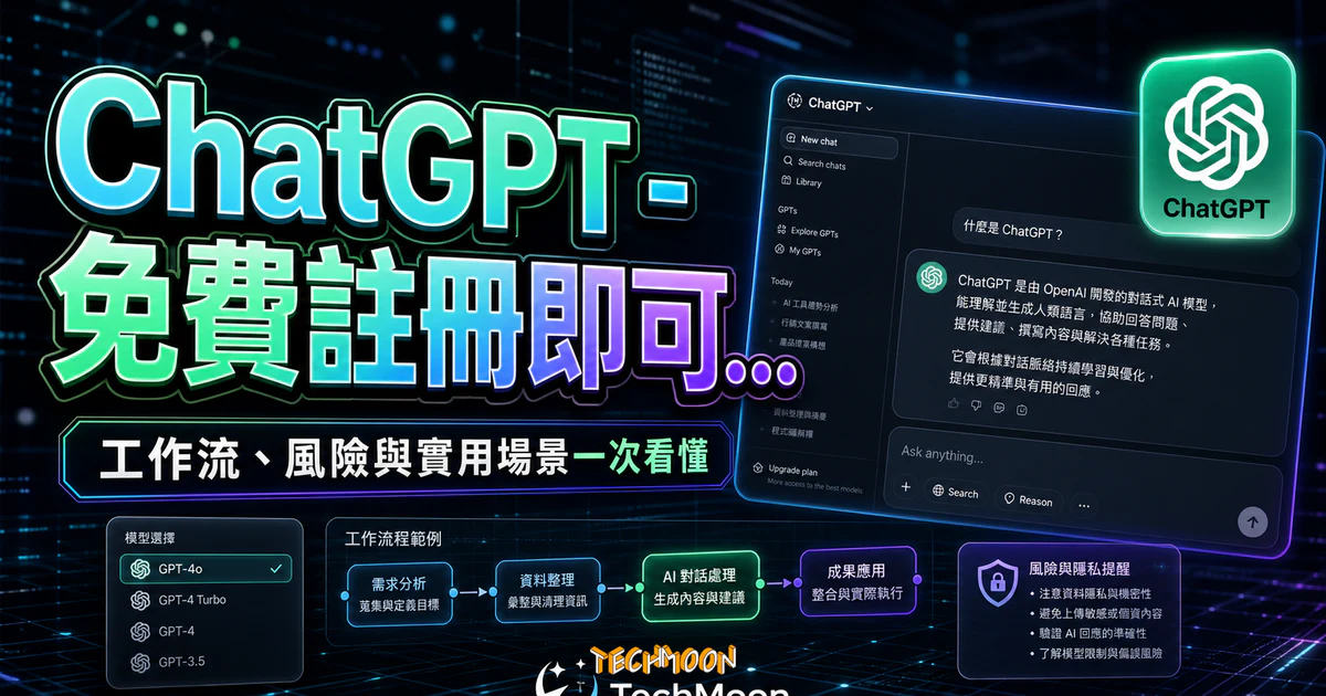 ChatGPT - 免費註冊即可與線上機器人聊天對話，帶你了解什麼是 ChatGPT AI 機器人以及該如何快速註冊教學的 TechMoon 精選圖片，呈現ChatGPT相關介面、重點標題與科技感背景。