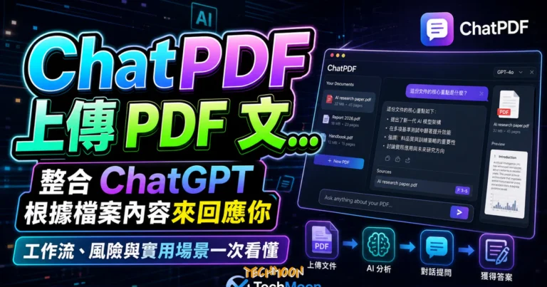 ChatPDF 完整教學:用 AI 聊天讀懂任何 PDF,論文、合約、報表一鍵摘要與問答(2026) 3 ChatPDF 上傳 PDF 文件整合 ChatGPT 學習特定資料,讓 ChatGPT 根據檔案內容來回應你的 TechMoon 精選圖片,呈現ChatPDF相關介面、重點標題與科技感背景。