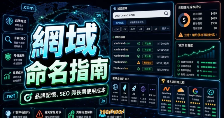 該如何選擇網域名稱？7 個最佳域名申請技巧、費用與域名註冊商的 TechMoon 精選圖片，呈現網域命名指南、主題介面與重點資訊。