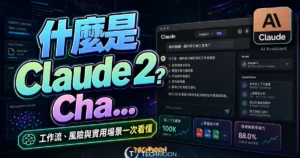 什麼是 Claude 2？ChatGPT 最佳替代方案，支援更長的內容與上傳檔案進行分析，完全免費快速註冊使用教學的 TechMoon 精選圖片，呈現Claude相關介面、重點標題與科技感背景。