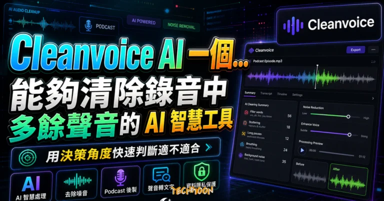 Cleanvoice AI 一個能夠清除錄音中多餘聲音的 AI 智慧工具，適用於 Podcast 後製使用的 TechMoon 精選圖片，呈現Cleanvoice相關介面、重點標題與科技感背景。