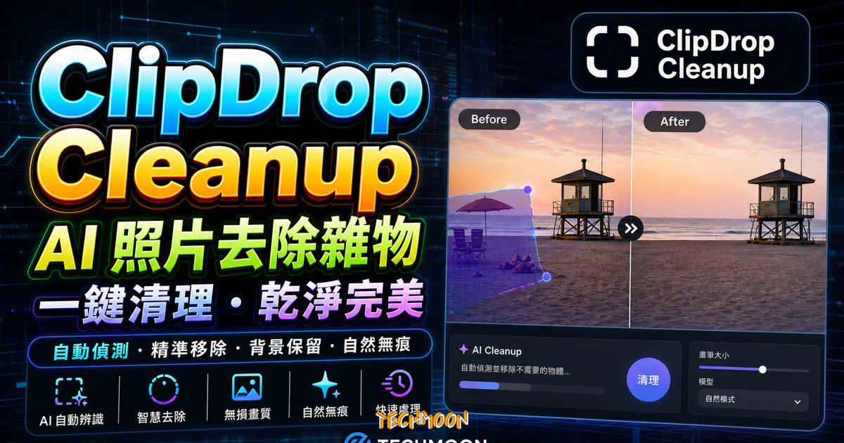 ClipDrop Cleanup 免費線上移除圖片前景，將圖片中的人物、物體、文字進行移除並免費下載的 TechMoon 精選圖片，呈現ClipDrop Cleanup相關介面、重點標題與科技感背景。