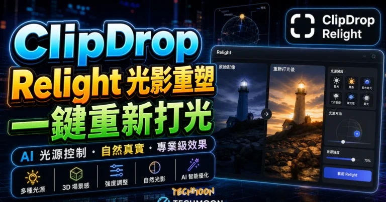 ClipDrop Relight 線上重新調整圖片光源，可添加多個光源重新將圖片打光，不須註冊即可免費使用下載的 TechMoon 精選圖片，呈現ClipDrop Relight相關介面、重點標題與科技感背景。