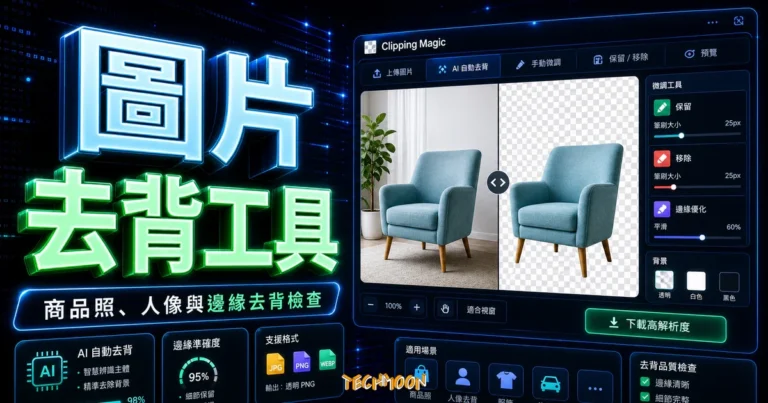 Clipping Magic 線上圖片去背工具教學：AI 自動去背加手動微調完整評測的 TechMoon 精選圖片，呈現圖片去背工具、主題介面與重點資訊。
