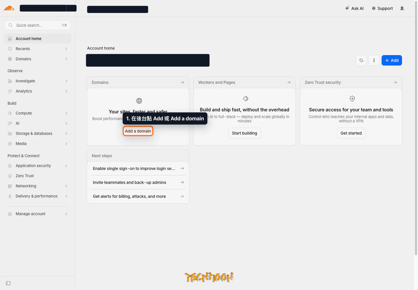 在 Cloudflare 控制台新增網域
