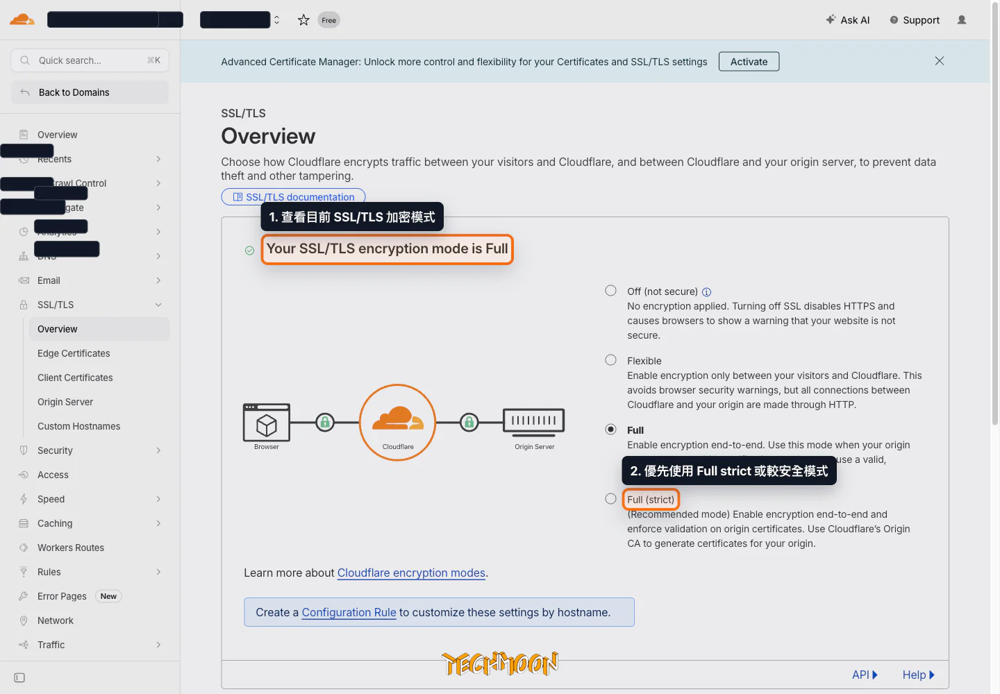 在 Cloudflare SSL/TLS Overview 設定加密模式