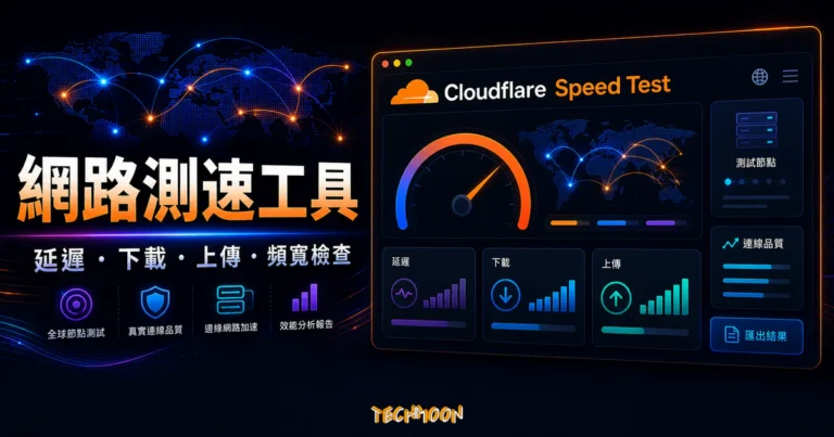 Cloudflare Speed Test - 免費測試你的網路速度,精確的測出你的網路頻寬 4 Cloudflare Speed Test 的 TechMoon 精選圖片,呈現網路測速、延遲、下載、上傳與頻寬檢查儀表板。
