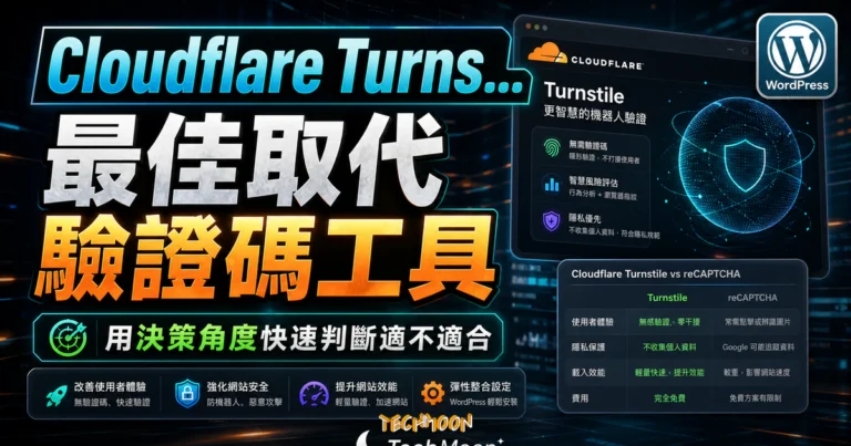 Cloudflare Turnstile 教學:免費取代 reCAPTCHA 的無感驗證 7 Cloudflare Turnstile - 最佳取代 Google reCAPTCHA 驗證碼工具,在 WordPress 安裝驗證碼教學! 2026 更新教學的 TechMoon 精選圖片,呈現Wordpress相關介面、重點標題與科技感背景。